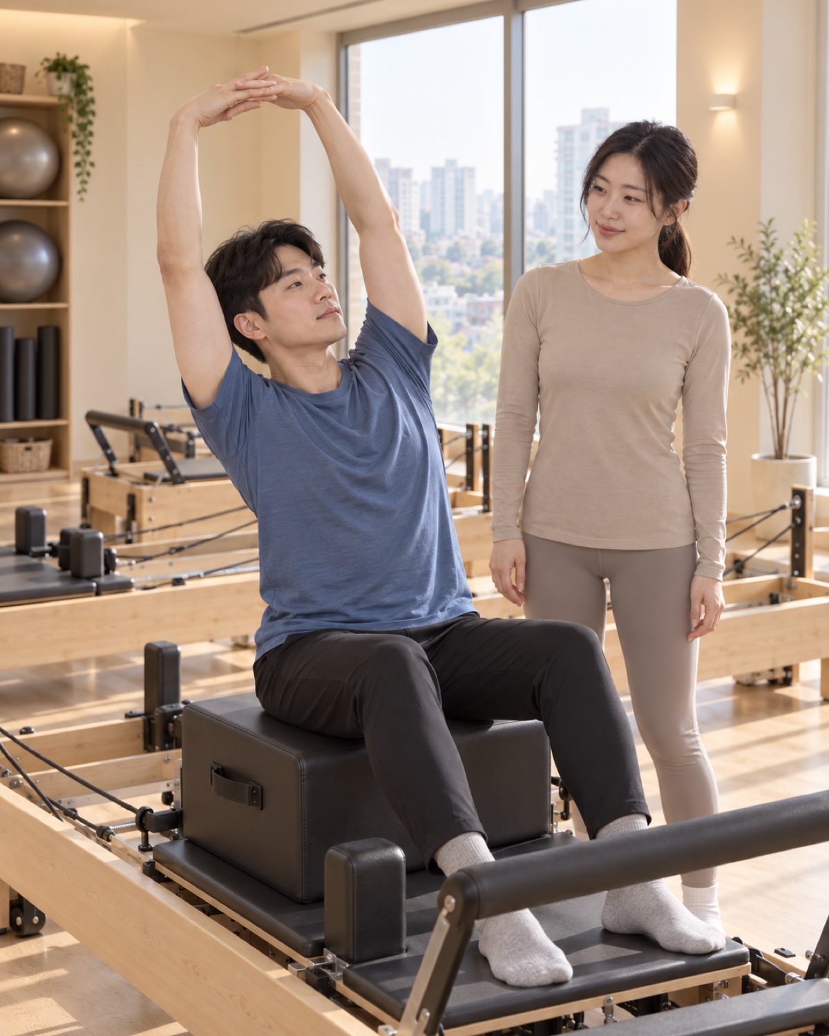 박스 위에 앉아 등을 펴는 회원과 옆에서 지켜보는 강사