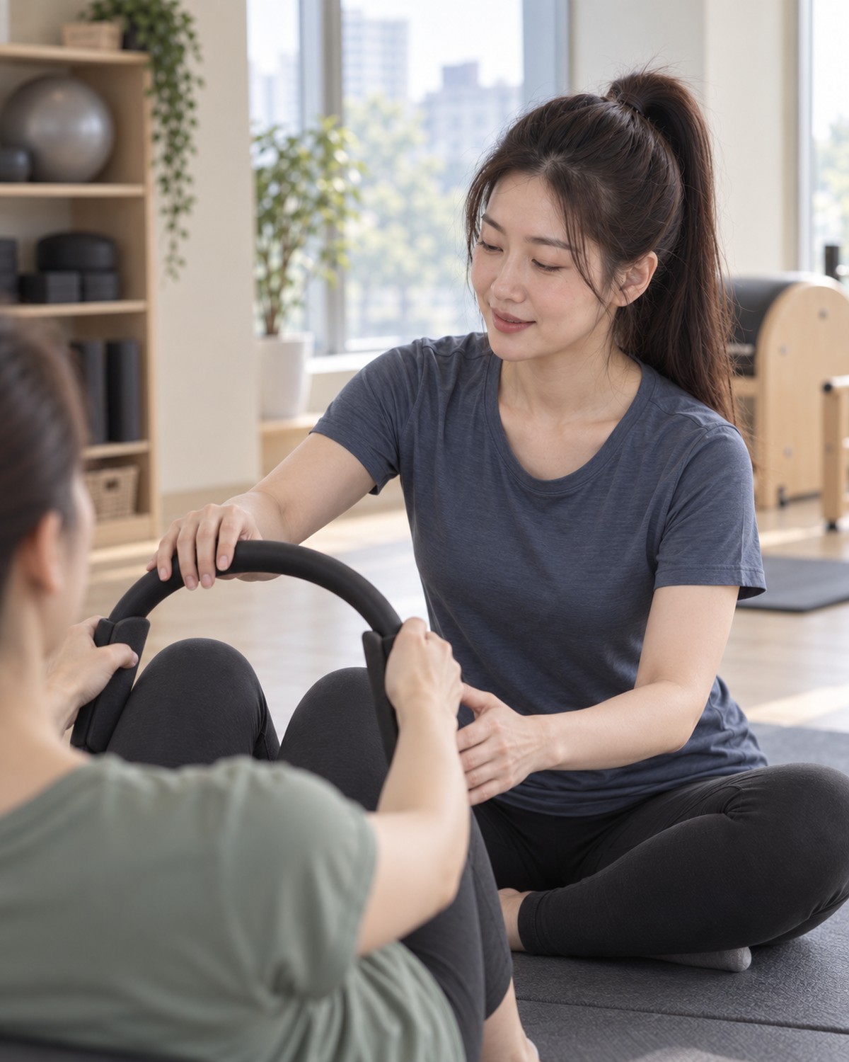 매트에 앉은 회원의 무릎에 링을 대 주고 손으로 링 위치를 잡아 주는 강사